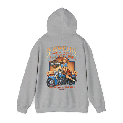 Elegant grey hoodie with a captivating back graphic of a pin-up girl on a motorcycle, adorned with Boswell's Music City and Harley-Davidson branding, perfect for those who appreciate vintage style and high quality.