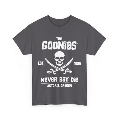 The Goonies Graphic T-Shirt Urban Unisex Cotton Tee in a refined dark grey, highlighting the classic Goonies design with a skull and swords, a stylish tribute to adventure lovers and film enthusiasts.