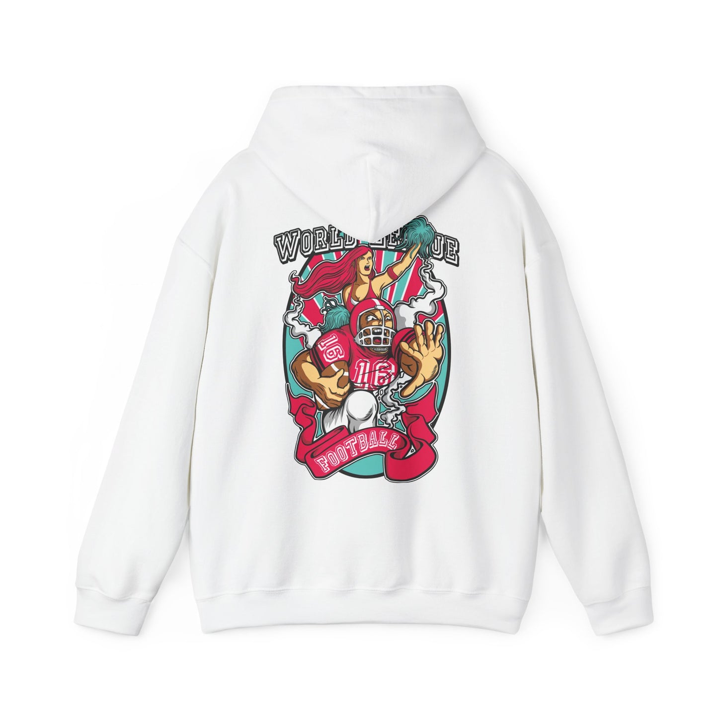 Luxurious back view of a white hoodie featuring a vibrant American football design, showcasing a cartoon football player in a red jersey with bold white numbers '16', complemented by a spirited cheerleader with striking crimson hair, all against a stunning light teal backdrop. Perfect for game day elegance.