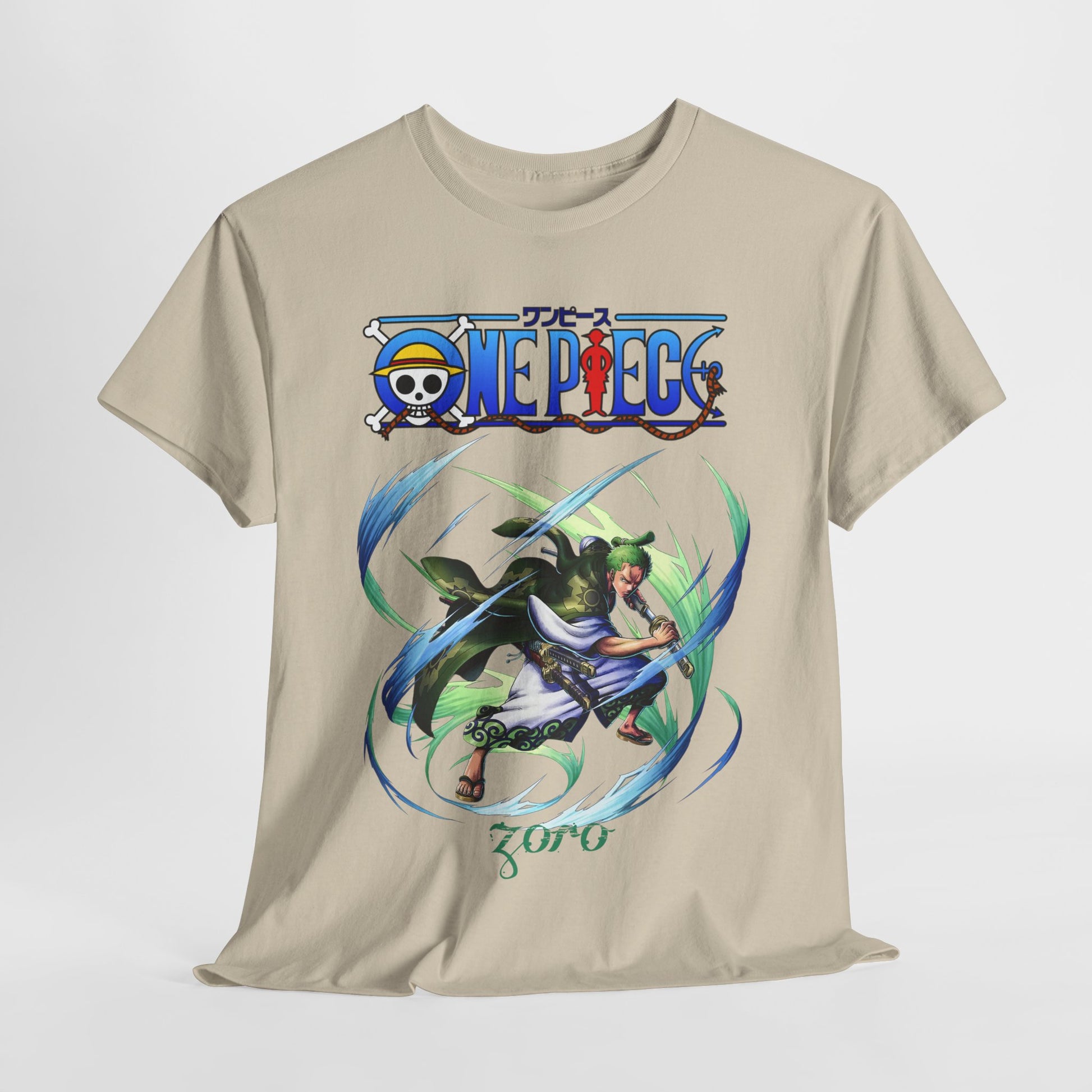 Luxury beige t-shirt featuring a dynamic illustration of Zoro from One Piece, showcasing his action pose surrounded by vibrant energy trails.