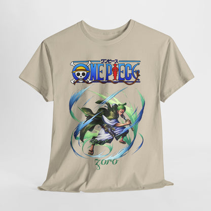 Luxury beige t-shirt featuring a dynamic illustration of Zoro from One Piece, showcasing his action pose surrounded by vibrant energy trails.