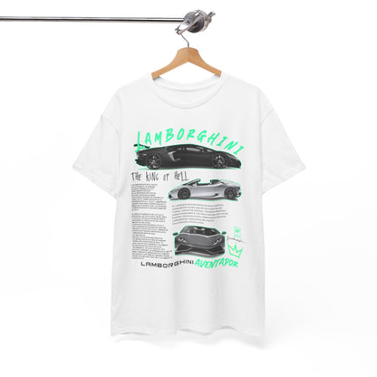 Lamborghini Aventador t-shirt displayed on a wooden hanger, illustrating its luxurious design with detailed graphics of the iconic supercar.