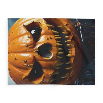 Decorative and Warm Halloween Spooky Arctic Fleece Blanket exhibiting an intricately designed jack-o'-lantern with an unsettling grin, a luxurious touch for Halloween decor.