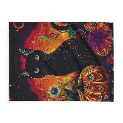 Lavish Decorative and Warm Halloween Spooky Arctic Fleece Blanket featuring a mystical black cat against vibrant autumn-themed backgrounds with intricate pumpkin designs.