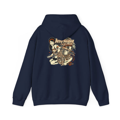Navy blue hoodie adorned with a striking vintage graphic of a motorcycle and a stylish lady, designed for the discerning trendsetter.