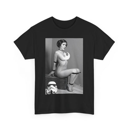 Star Wars Princess Leia Funny Men's Women's Graphic T-Shirt in black, showcasing a vintage graphic of Princess Leia along with a stormtrooper helmet, designed for both elegance and comfort in unisex cotton.