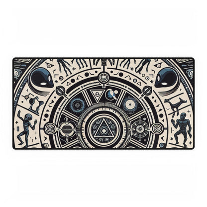Cosmic Hieroglyphic Tranquility Mat showcasing photorealistic ancient alien motifs, enhancing workspace aesthetics with a blend of luxury and intrigue.