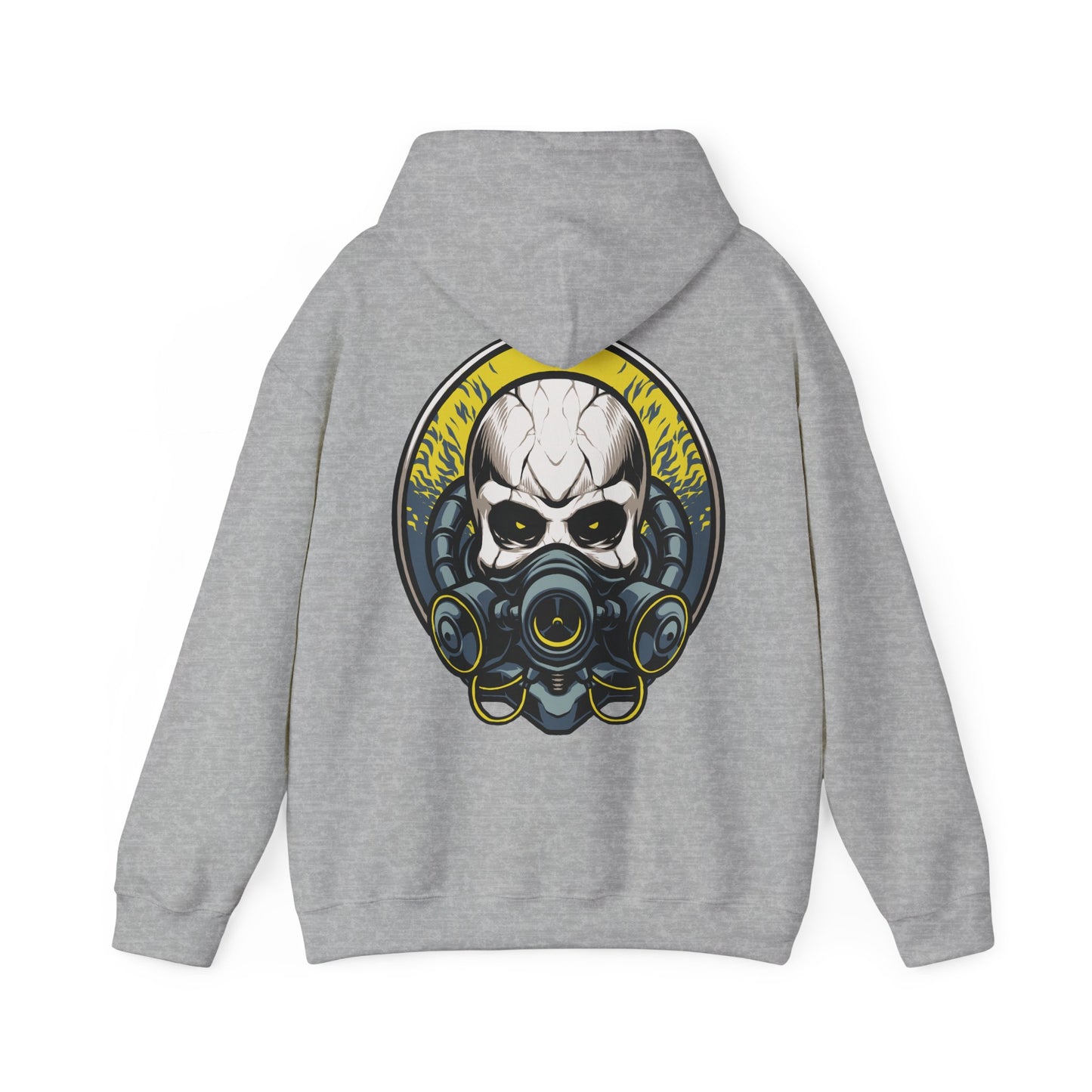 Chic steampunk skull graphic with a gas mask, elegantly illustrated on the back of a premium gray hoodie, enhancing contemporary fashion aesthetics.