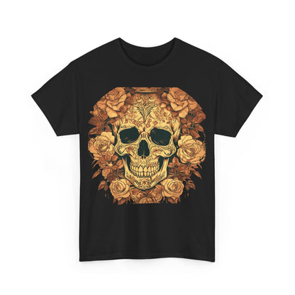 Skulls and Roses Cotton Tee, Unisex Graphic Shirt featuring a striking steampunk-inspired skull and rose design on a luxurious black cotton fabric.