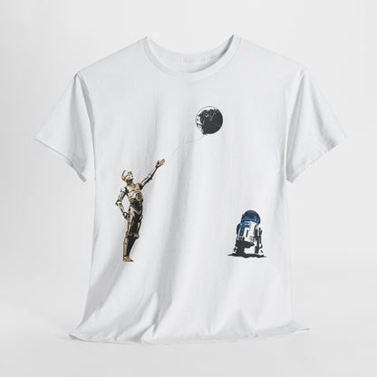 Luxury Star Wars T-Shirt featuring C-3PO and R2-D2 holding a Death Star balloon, crafted from high-quality cotton for discerning sci-fi enthusiasts.
