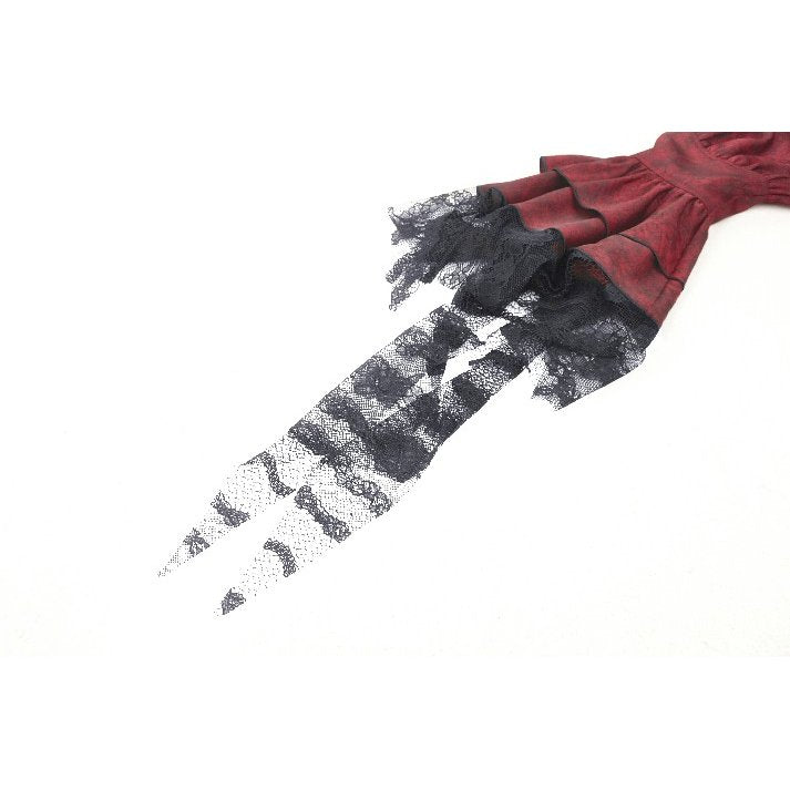 Luxurious Vampiretta red distressed frilly blouse by Dark in Love, featuring intricate black lace detail and a stylish lace-up back.