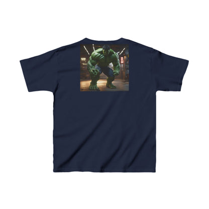 Kids Incredible Hulk Heavy Duty T-Shirt in navy blue, featuring an impressive Hulk graphic on the back, merging comfort with superhero flair.