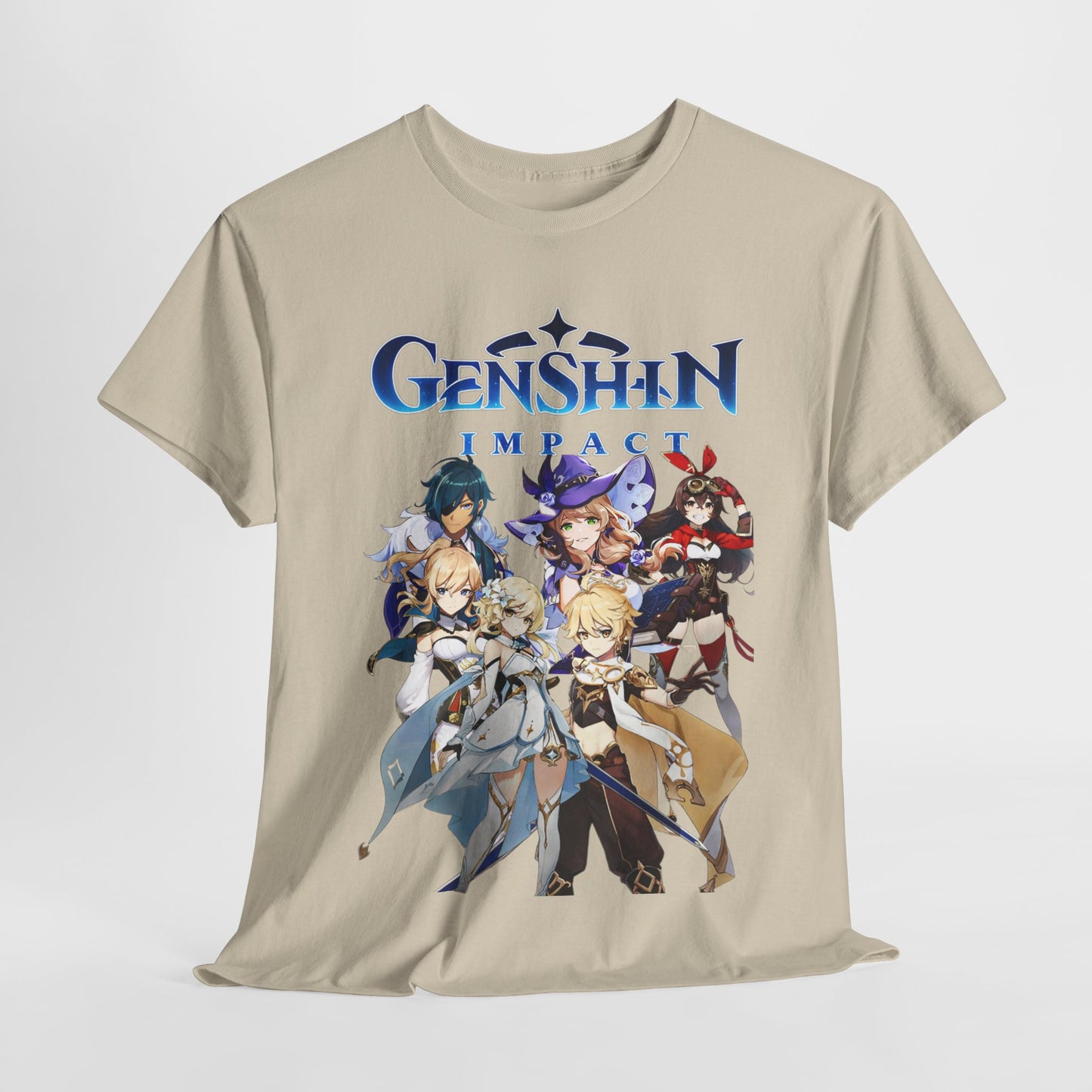An elegant view of the Genshin Impact T-Shirt, draped to accentuate its artistic graphics and luxurious feel, making it a standout addition to any gaming wardrobe.