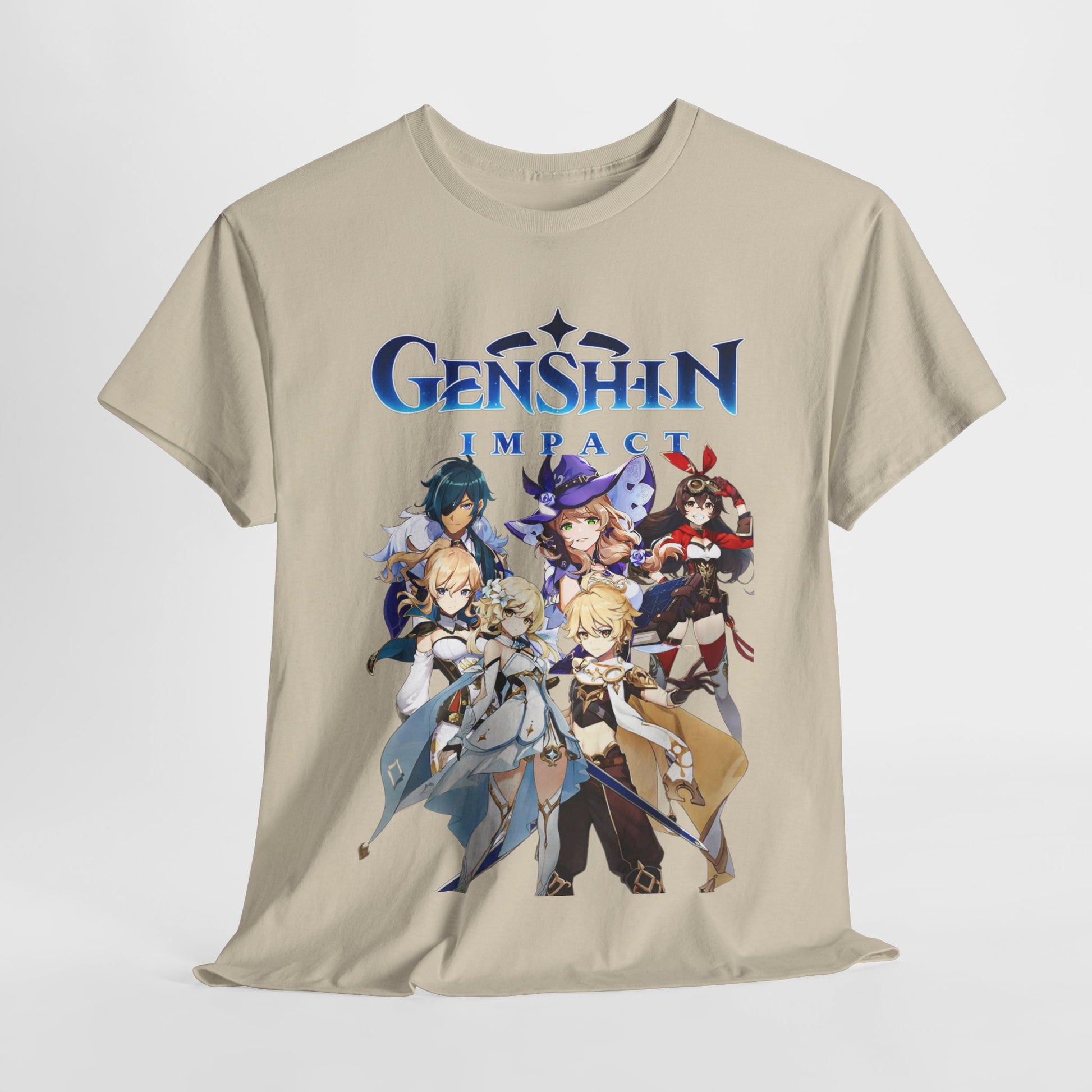 An elegant view of the Genshin Impact T-Shirt, draped to accentuate its artistic graphics and luxurious feel, making it a standout addition to any gaming wardrobe.