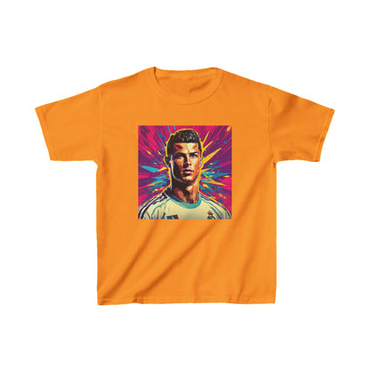 Kids Cristiano Ronaldo Heavy Cotton T-Shirt in vibrant orange, showcasing a dynamic Ronaldo graphic, perfect for young champions of the sport.