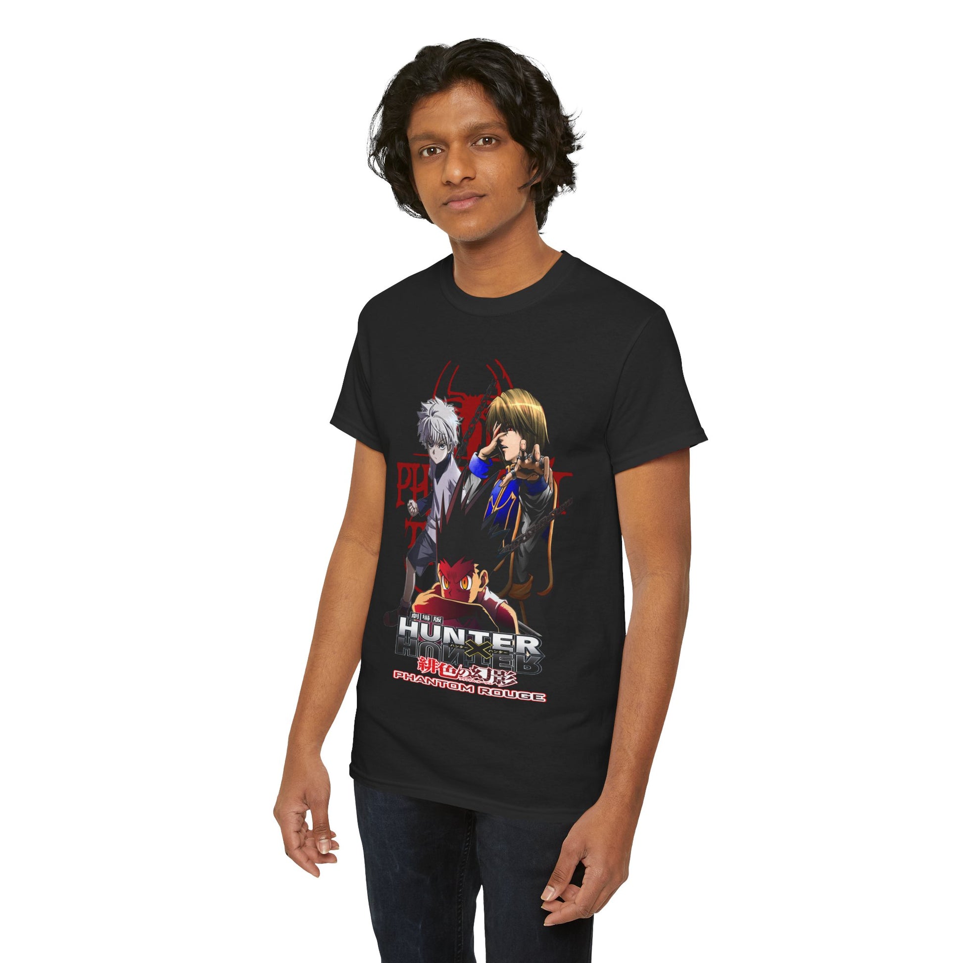 Another view of a model showcasing a stylish black Hunter x Hunter T-shirt, featuring dynamic graphics of Gon, Killua, and Hisoka, ideal for fashionable anime lovers.