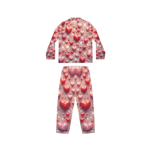 Luxury Women's Satin Pajamas with Glittering Hearts in Pastel Pink showcasing a beautifully designed pajama set adorned with playful heart motifs, ideal for elegant comfort and stylish lounging.