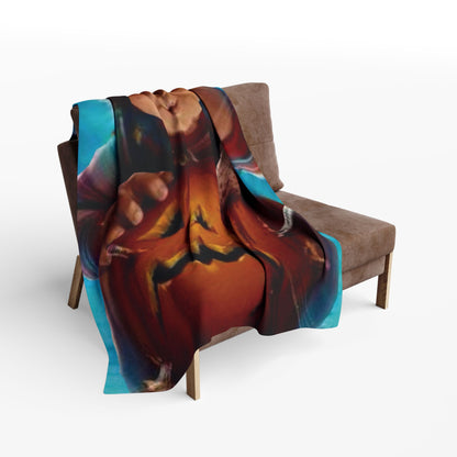 Delightful Decorative and Warm Halloween Chucky Spooky Arctic Fleece Blanket artistically showcased on a chair, featuring Chucky with a jack-o'-lantern, adding a touch of luxury to Halloween decor.