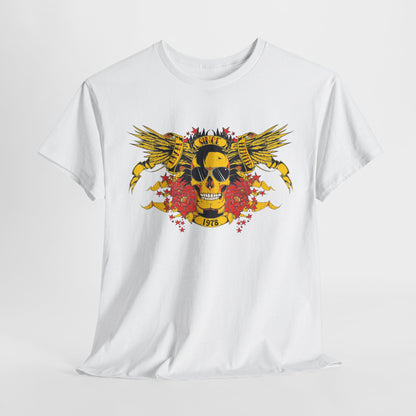 Luxury bold yellow skull graphic t-shirt featuring majestic wings, floral accents, and the year 1978 design on a classic white background. Perfect for making a statement in casual or rock-inspired fashion.