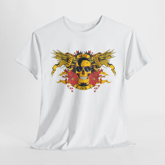 Luxury bold yellow skull graphic t-shirt featuring majestic wings, floral accents, and the year 1978 design on a classic white background. Perfect for making a statement in casual or rock-inspired fashion.