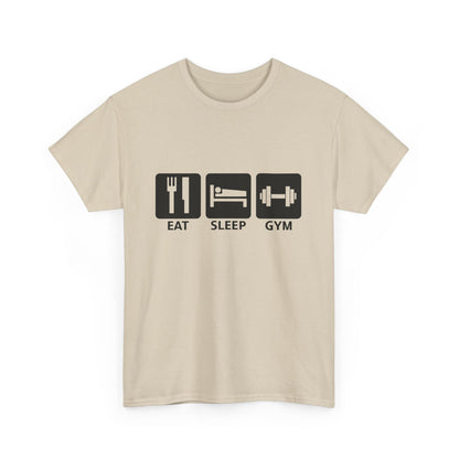 Stylish beige t-shirt displaying the 'Eat, Sleep, Gym' graphic, ideal for those who appreciate a balance of elegance and motivation.