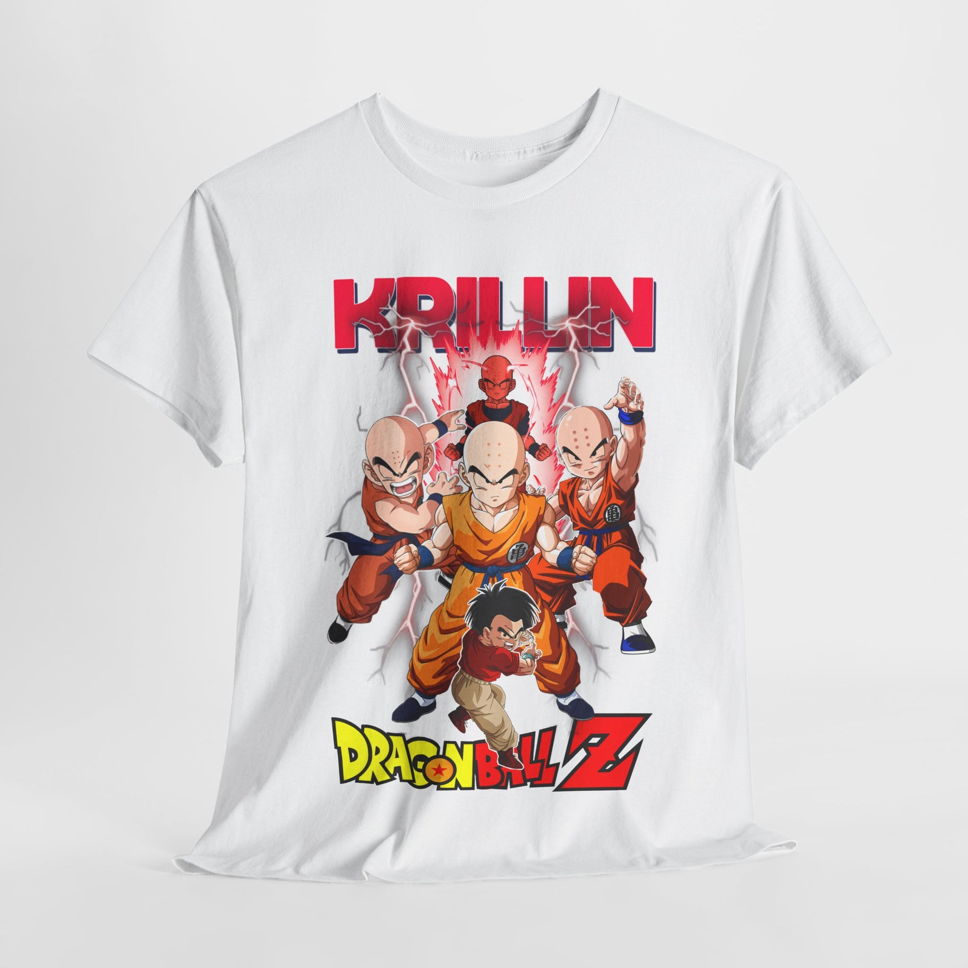 Artistic presentation of the Krillin & Z Fighters T-shirt, emphasising the striking graphic and premium fabric quality, ideal for anime enthusiasts.