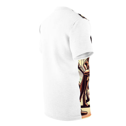 Lifestyle shot of the Dazzling Dreams Studio Intergalactic Marionette Wars T-Shirt worn casually, showcasing its playful elegance and stylish allure in modern fashion.