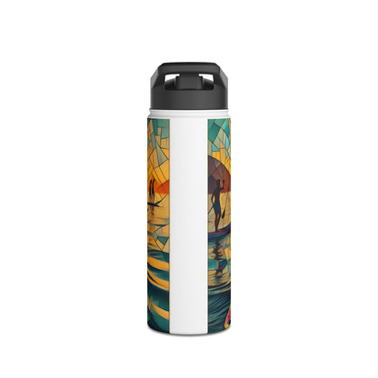 Luxury Fantasy Paddleboarding Stainless Steel Water Bottle showcasing an artistic illustration of paddleboarders silhouetted against a colourful sunset, ideal for hydration on the go.