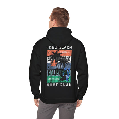 Fashionable model wearing a black hoodie with distinctive San Francisco surf club graphic on the back, capturing the essence of California elegance.