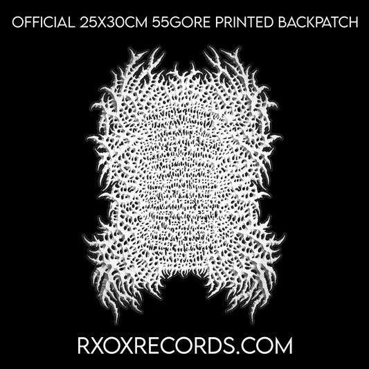Luxury 55Gore Backpatch from Rancid Offal Records, officially licensed, featuring intricate printed design measuring 25 x 30CM, crafted by Selfmadegod Records.