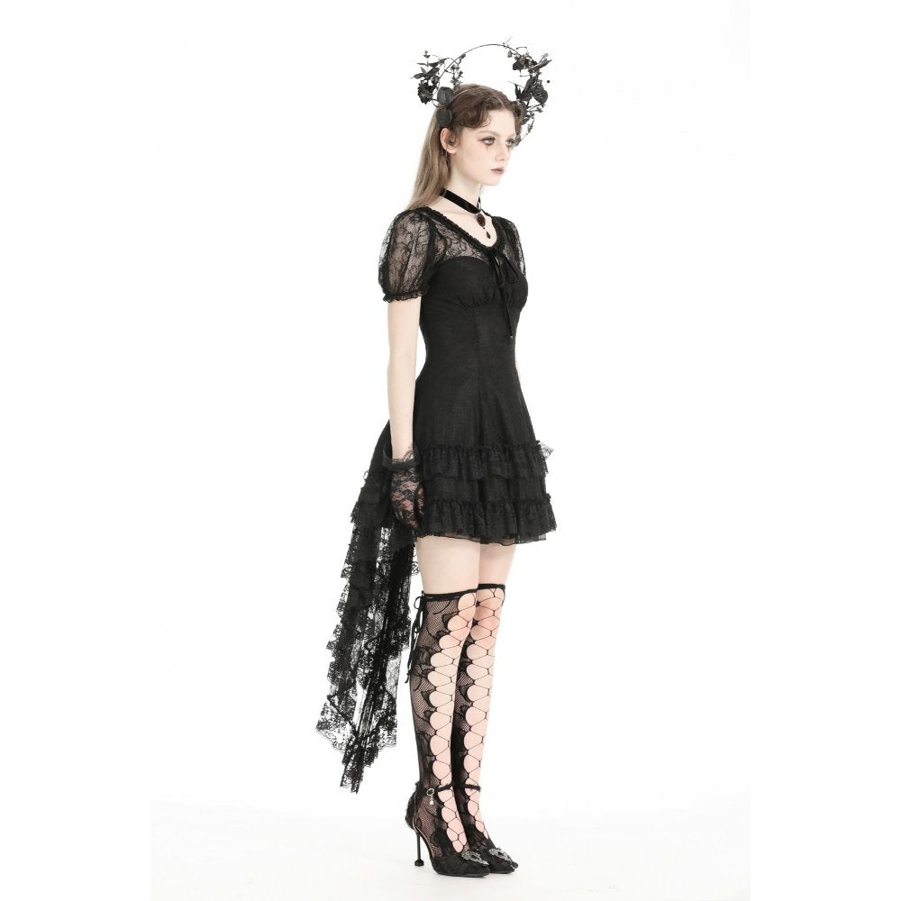 Stylish display of the Dark in Love Merida Lace Tail Dress, emphasizing the unique velvet ribbon details and playful yet sophisticated design.