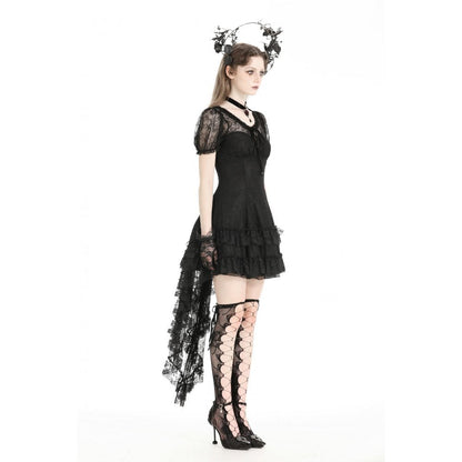 Stylish display of the Dark in Love Merida Lace Tail Dress, emphasizing the unique velvet ribbon details and playful yet sophisticated design.