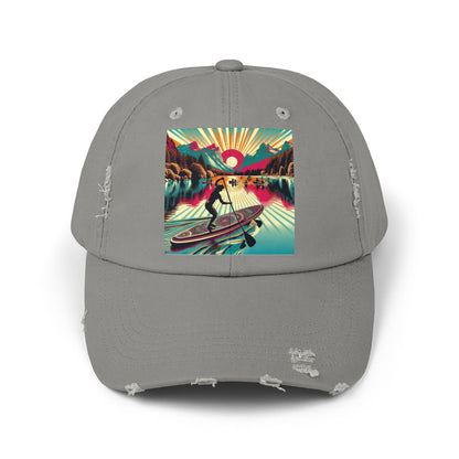 Unisex Distressed Paddleboarders Cap in sophisticated grey, featuring an evocative paddleboarding graphic, the ultimate accessory for luxurious outdoor adventures.