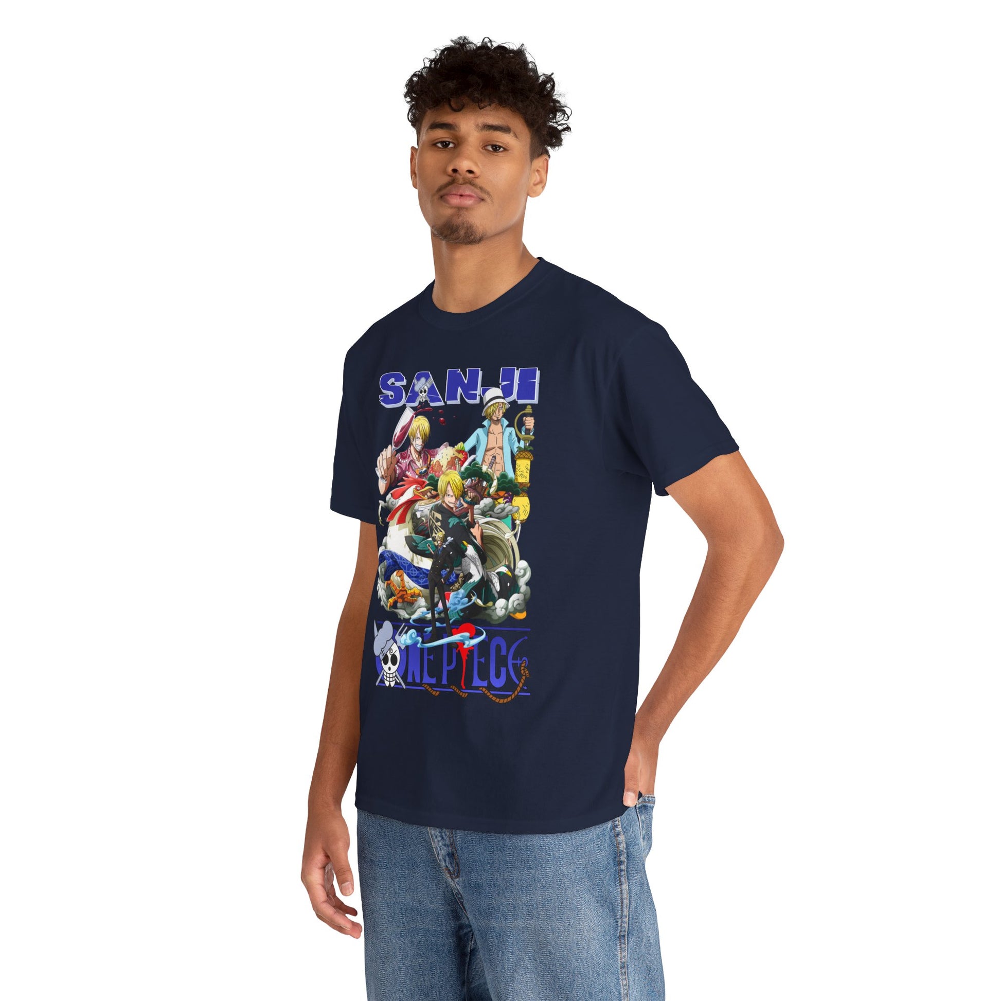 Fashionable model wearing a navy blue t-shirt adorned with a colourful Sanji graphic from One Piece, styled casually yet elegantly for a contemporary look.