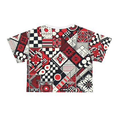 Elegant display of Valeria Belmonte 100% Polyester T-Shirt, featuring unique block prints in rich red tones, designed by Dazzling Dreams Studio.
