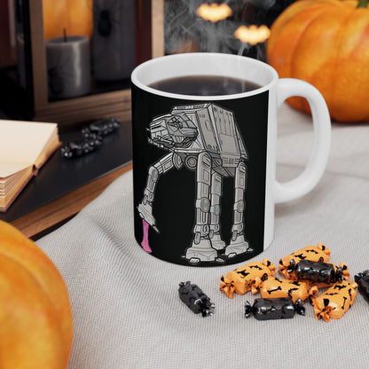 Rebel Gum Star Wars Heat Changing AT-AT Coffee Mug situated on a cozy table, surrounded by seasonal decor, featuring a humorous AT-AT design with pink bubblegum, perfect for coffee lovers and Star Wars fans.
