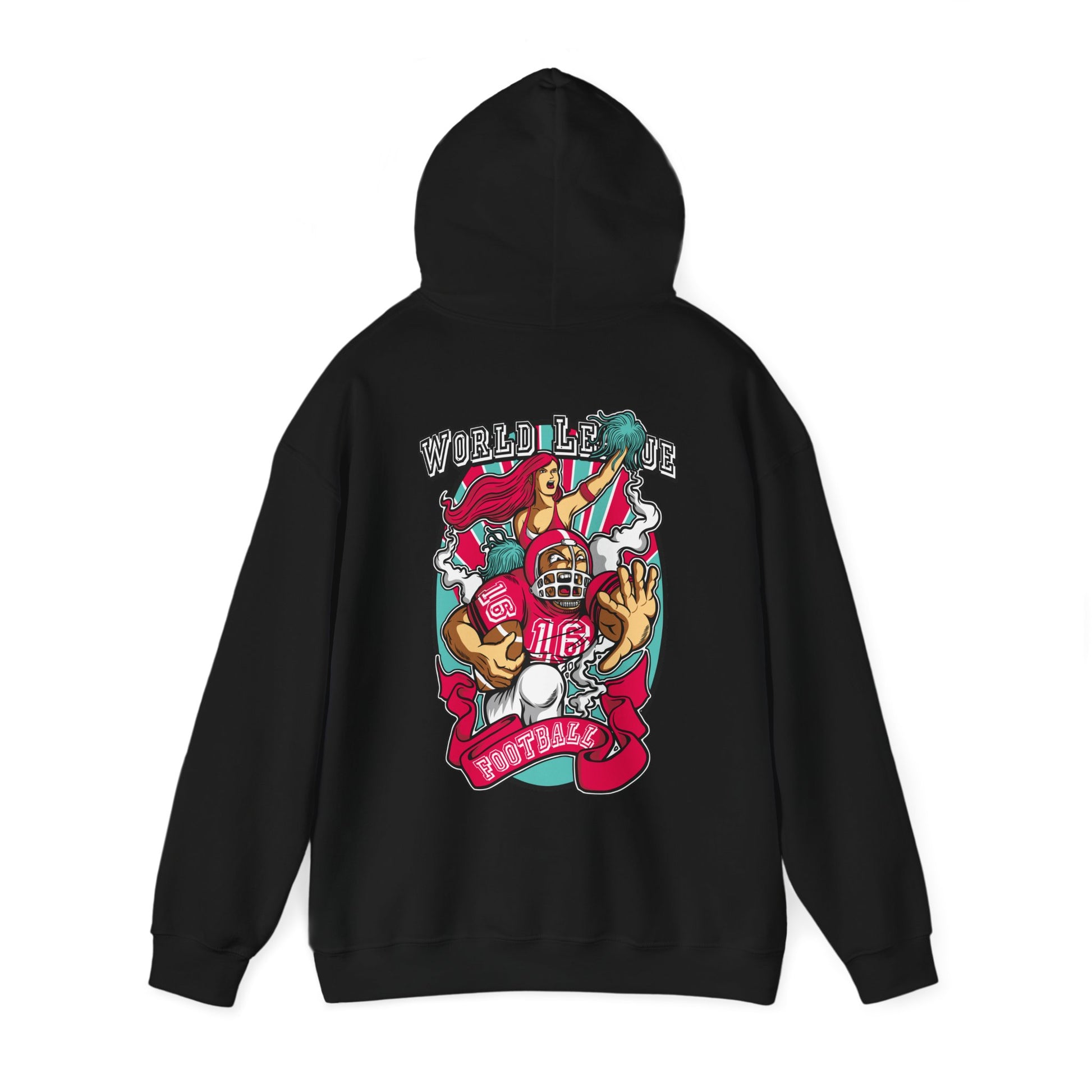 Chic black back print hoodie adorned with a detailed American football design, featuring a cheerleader and the distinctive 'WORLD LEAGUE FOOTBALL' emblem.