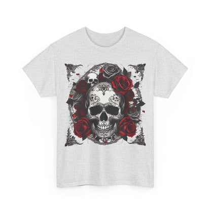 Front view of the Skulls and Roses Cotton Tee, featuring a bold graphic design of skulls and roses, exemplifying alternative fashion and individuality.