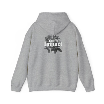 Elegant grey hoodie with a stunning back design highlighting the phrase 'Youth Impact: Spread Love, Not Hate,' surrounded by monochrome botanical illustrations.