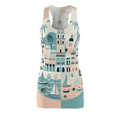 Evelyn Rochelle Marbella Racerback Dress by Dazzling Dreams Studio showcasing a stunning geometric pastel pattern inspired by Mediterranean elegance, perfect for stylish occasions.