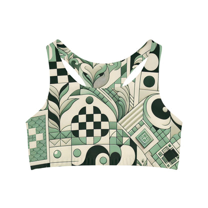 Vibrant Pastel Green Sports Bra with Checkerboard Motifs and Block Prints showcasing intricate geometric designs for stylish comfort, perfect for enhancing your workout wardrobe.