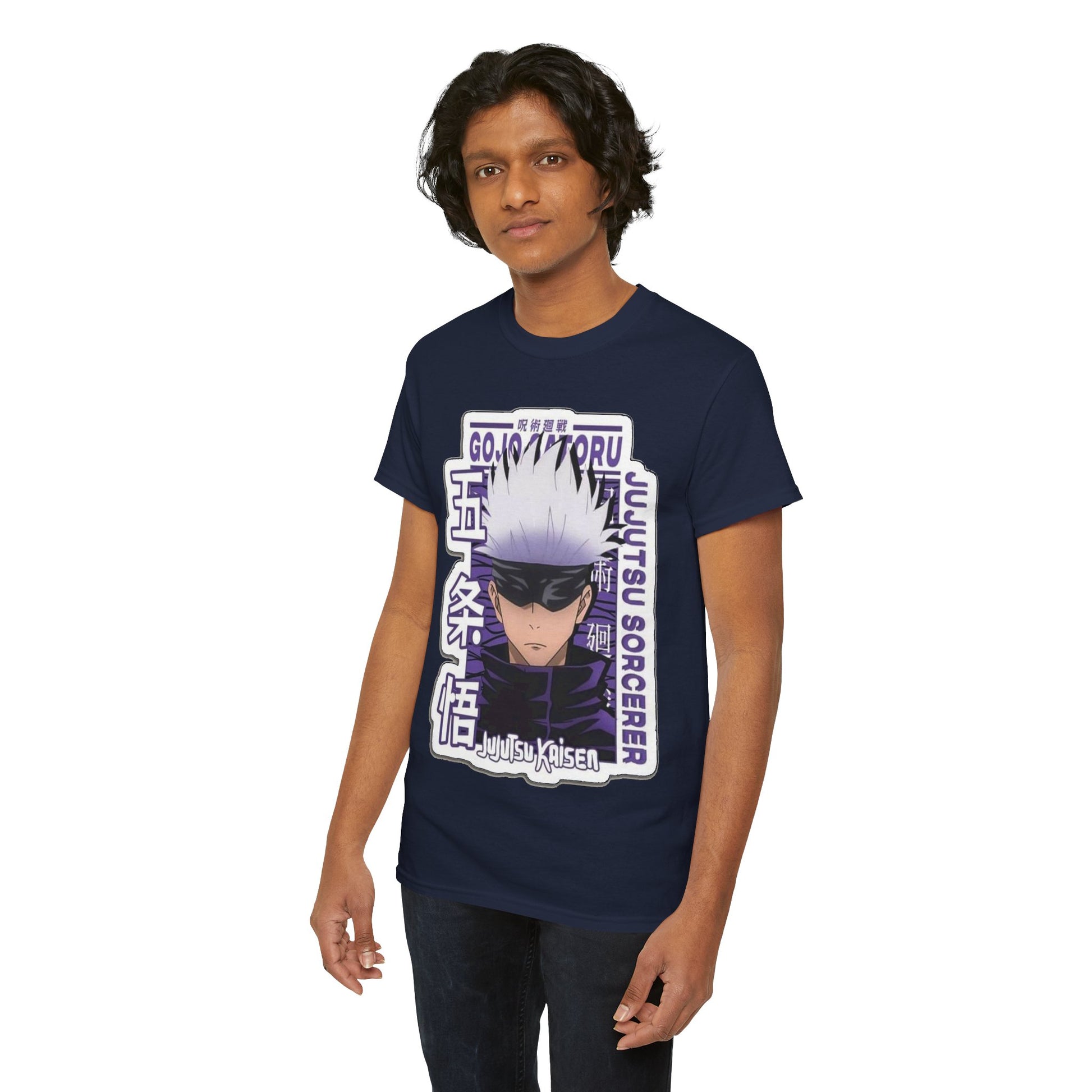 Elegant Gojo Satoru T-shirt worn by a stylish model, depicting intricate artwork of the character from Jujutsu Kaisen against a luxurious navy backdrop.
