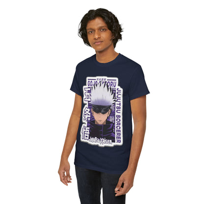 Elegant Gojo Satoru T-shirt worn by a stylish model, depicting intricate artwork of the character from Jujutsu Kaisen against a luxurious navy backdrop.
