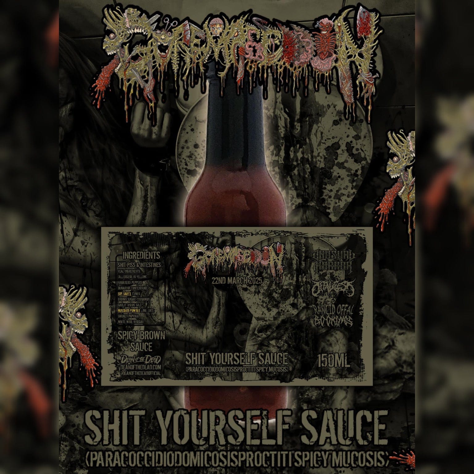 Luxury Goremageddon Shit Yourself Sauce by Rancid Offal Records, featuring a unique blend of habanero peppers and vegan ingredients, adorned with a stylish wax seal.