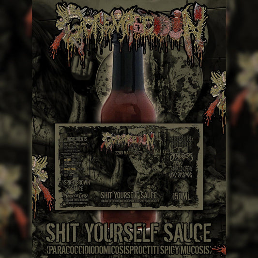 Luxury Goremageddon Shit Yourself Sauce by Rancid Offal Records, featuring a unique blend of habanero peppers and vegan ingredients, adorned with a stylish wax seal.