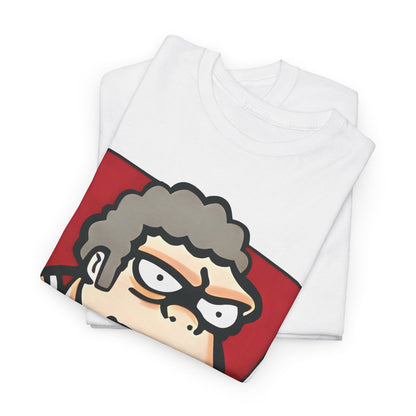 Luxurious presentation of the white t-shirt with Moe from The Simpsons, folded stylishly, under the title 'The Simpson's Moe's KFC Logo Mashup Graphic T Shirt Tee'.