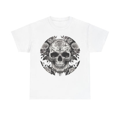 Skulls and Roses Cotton Tee - Unisex Graphic Shirt featuring an intricate skull design with roses, ideal for alternative fashion enthusiasts.