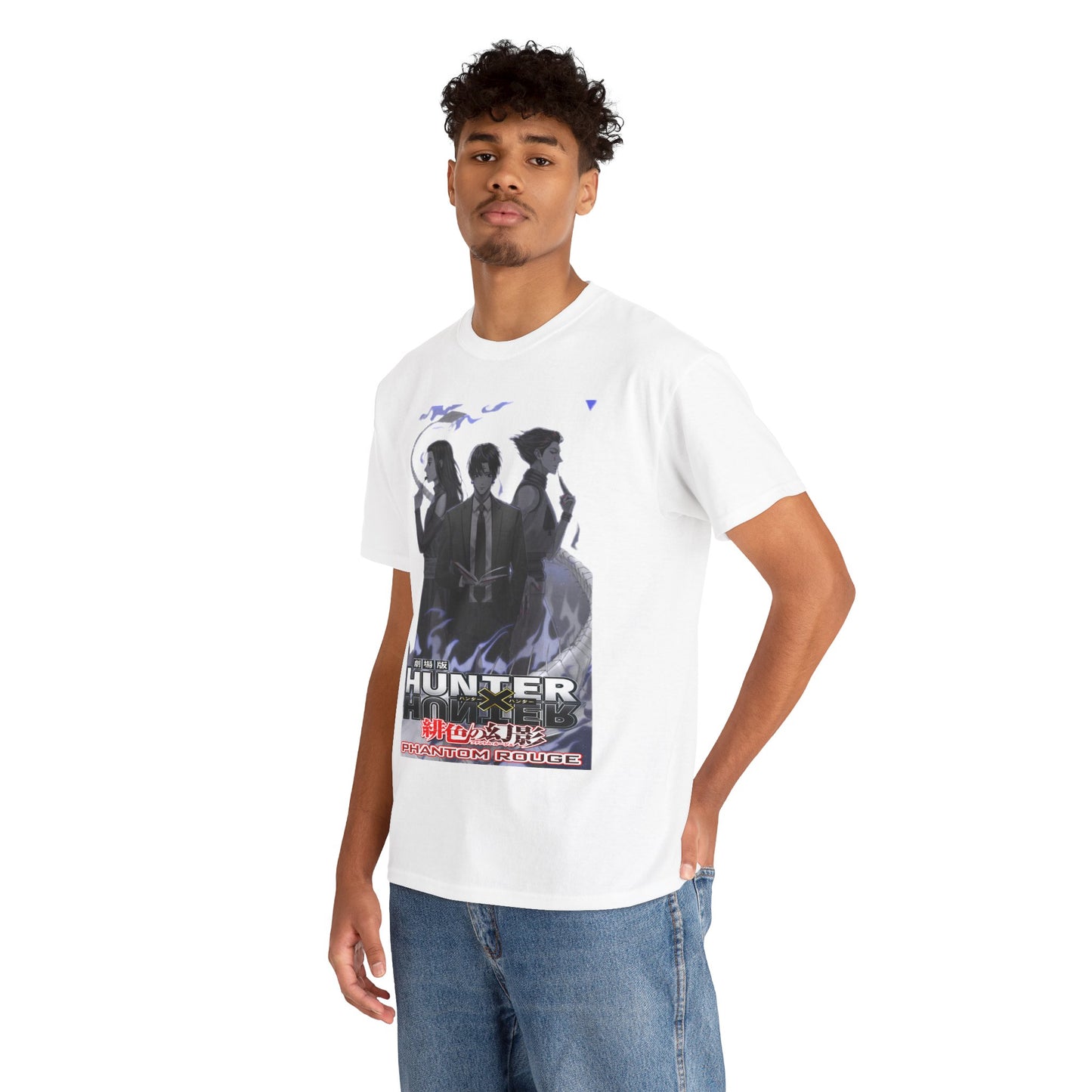 Model showcasing a luxurious white T-shirt with striking Hunter x Hunter Phantom Rouge visuals, highlighting iconic characters in a stylish pose.