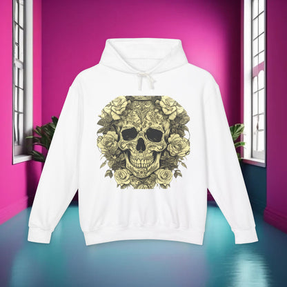 Front view of the Skull and Roses Lightweight Hoodie featuring a striking skull and roses design, perfect for making a bold fashion statement.