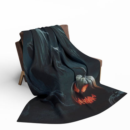 Stylish Decorative and Warm Halloween Spooky Arctic Fleece Blanket elegantly spread over a chair, featuring a captivating Halloween pumpkin and ghost theme.